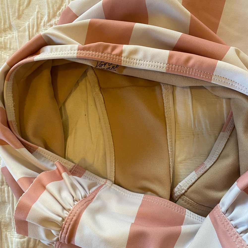 Kortni Jeane high waisted swimsuit bottoms. Pink & white striped ruffles. XS - Picture 3 of 7